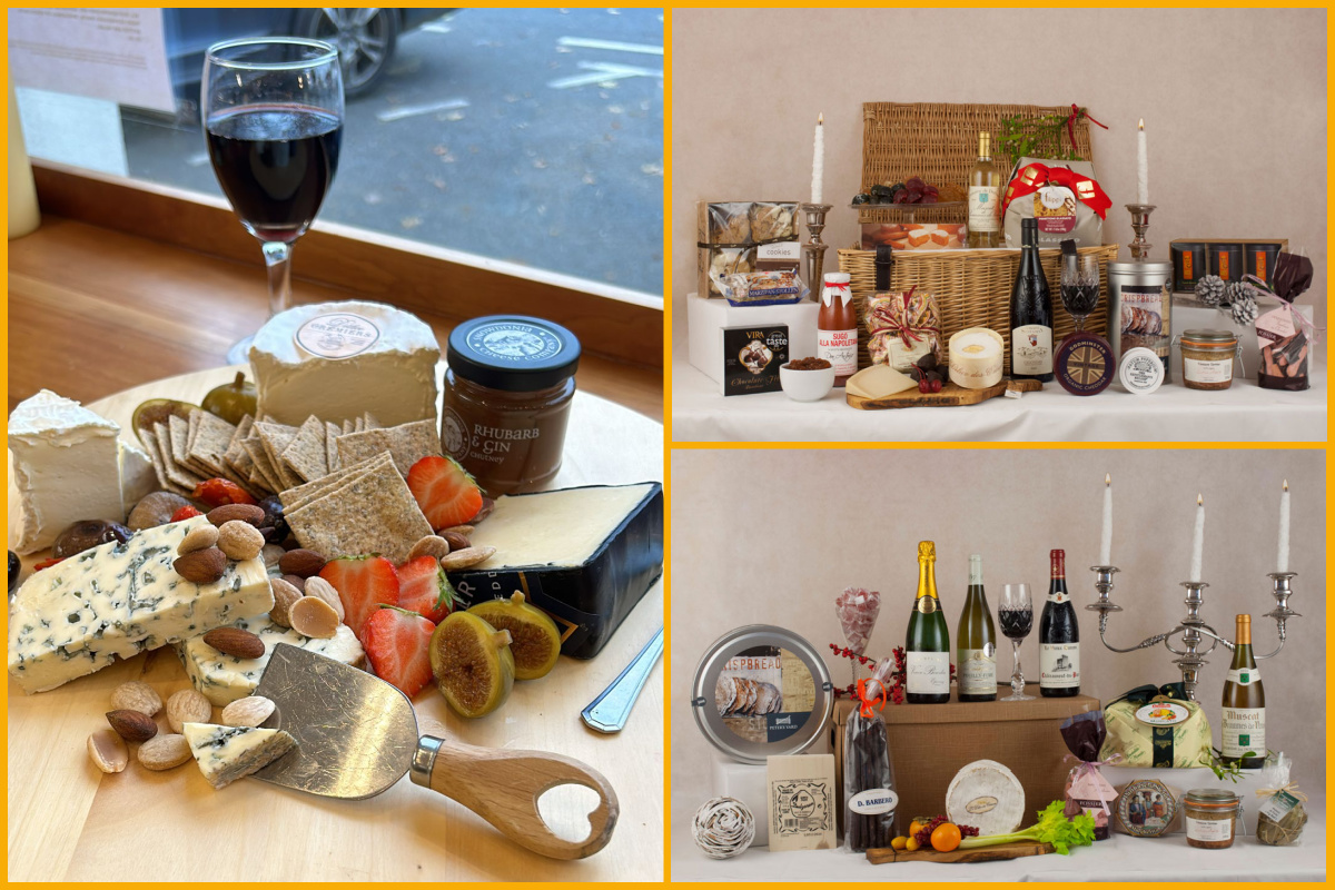 Collage of images of Wine and Cheese, and food gift hampers.